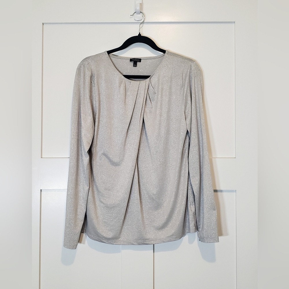 Talbots Shimmer Sparkly Metallic Silver Top Pleating Size Large Lightweight